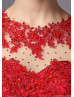 Short Sleeves Beaded Red Lace Satin Vintage Evening Dress